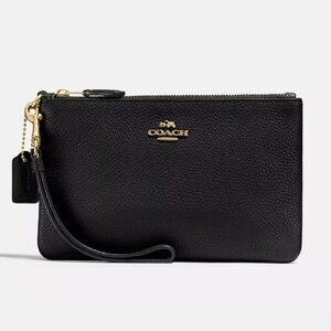 COACH Polished Black Genuine Pebble Leather Wristlet w Hangtag Gold Hrdware New!